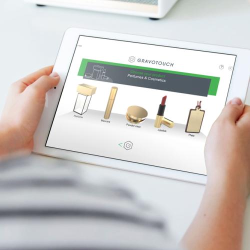 A tablet showing cosmetic engraving options for perfume and makeup items with Gravotouch software